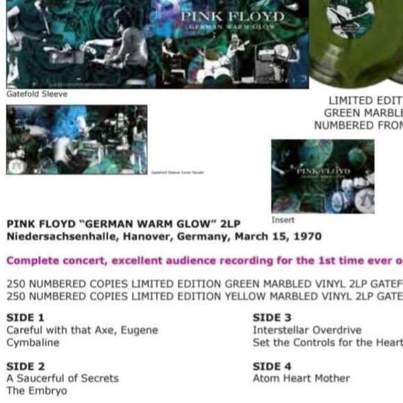 PINK FLOYD 2 LP Vinyl German Warm Glow #’d copy Marbled Green or Yellow Live New - Picture 7 of 7